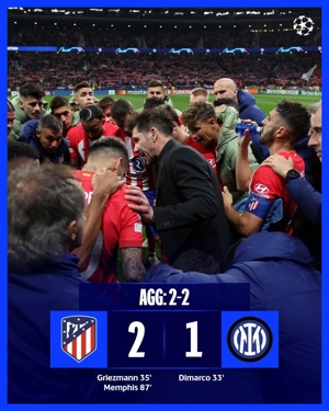 Khoảnh khắc tàn khốc! Atletico Madrid và Inter Milan giằng co suốt 120 phút và tổng tỷ số là 2-2, dẫn đến loạt sút luân lưu.